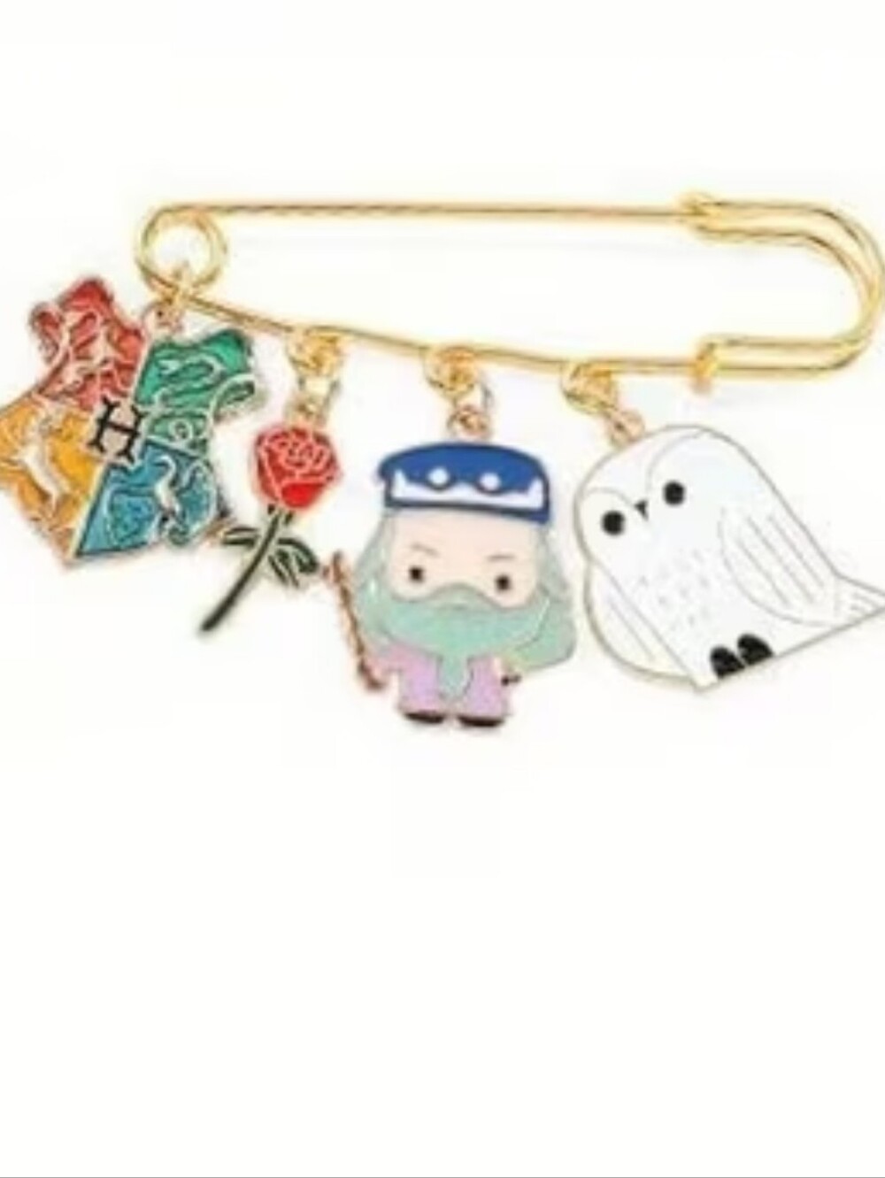 2/10🍀Harry Potter- Safety Pin W Hogwarts Crest, Dumbledore, Hedwig & Rose Charm